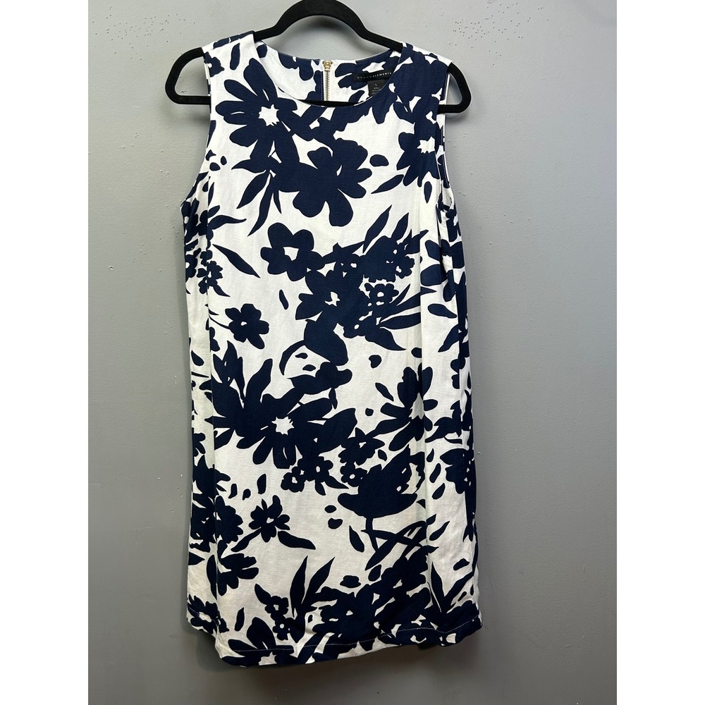 Grace Elements Dress Womens Large Navy White Floral Linen Blend Shift Sleeveless